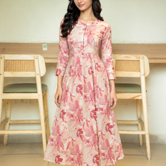 Largish Women's Maroon Printed Cotton Anarkali Flared Dress