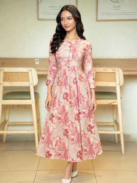 Largish Women's Maroon Printed Cotton Anarkali Flared Dress