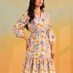 Largish Off White Cotton Floral Print Tiered and Flared A-line Dress