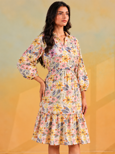 Largish Off White Cotton Floral Print Tiered and Flared A-line Dress