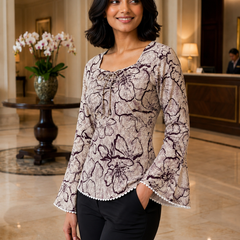Gen Z inspired Beige floral bell sleeve fitted Kurti with square neck and lace trim.