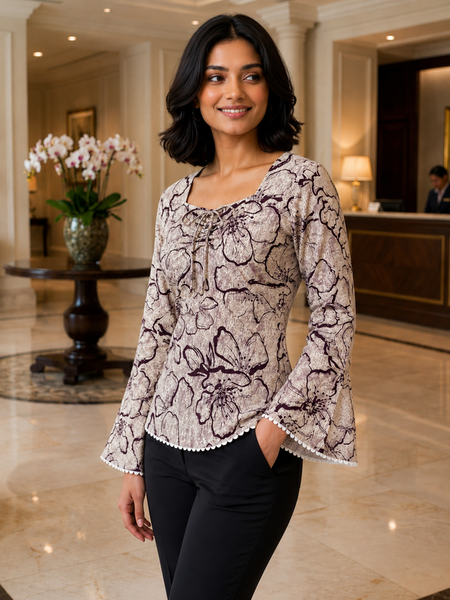 Gen Z inspired Beige floral bell sleeve fitted Kurti with square neck and lace trim.