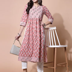Largish Women's Peach Cotton Printed Nayra Cut Straight Kurta