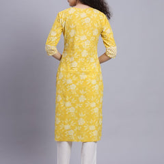 Largish Yellow Floral Print Straight Kurta