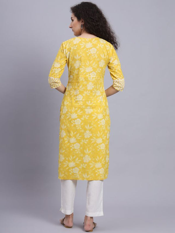 Largish Yellow Floral Print Straight Kurta