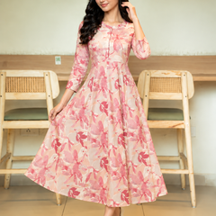 Largish Women's Maroon Printed Cotton Anarkali Flared Dress