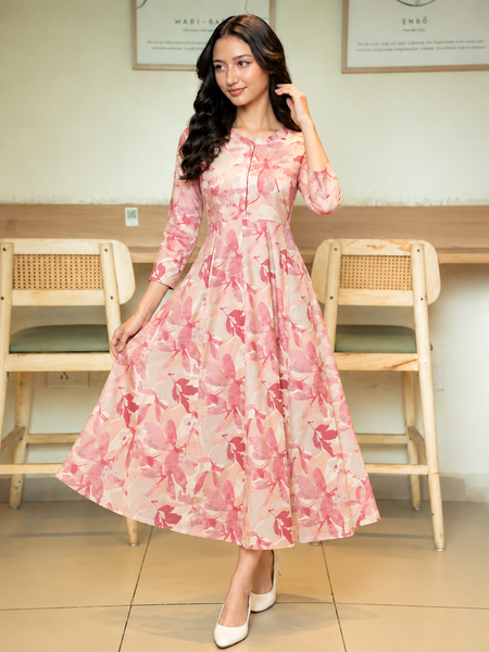 Largish Women's Green Printed Cotton Anarkali Flared Dress