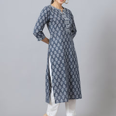 Largish Cotton Grey Floral Print Straight Kurta