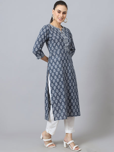 Largish Cotton Grey Floral Print Straight Kurta