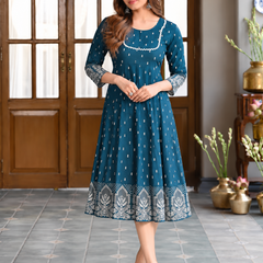 Largish Rayon Pigment Print Sky Blue Anarkali Full Maxi Dress