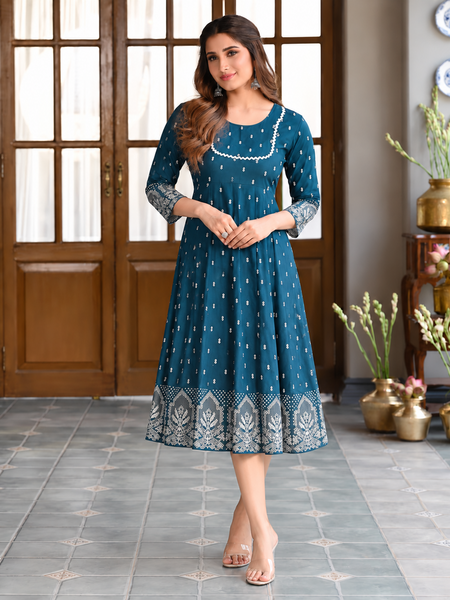 Largish Rayon Pigment Print Teal Blue Anarkali Full Maxi Dress