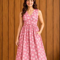 Women Pink Floral Print V-Neck Fit & Flare calf-Length Dress