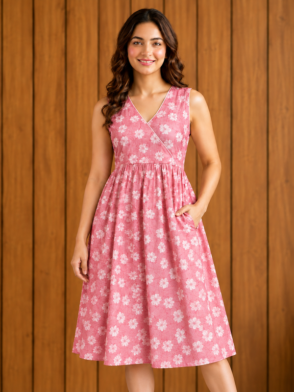Women Pink Floral Print V-Neck Fit & Flare calf-Length Dress