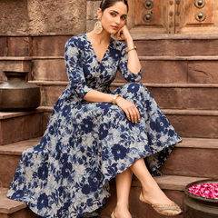 Largish Women's Blue Printed Cotton Umbrella Cut Flared Dress