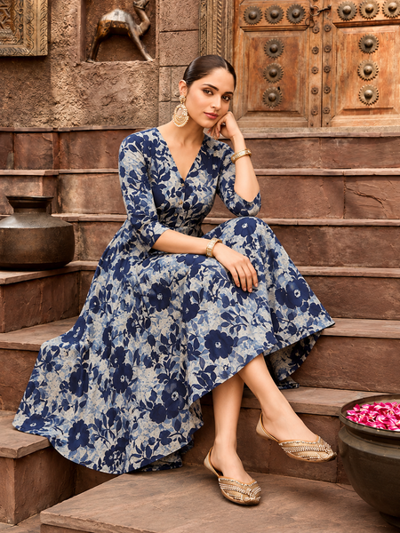 Largish Women's Blue Printed Cotton Umbrella Cut Flared Dress