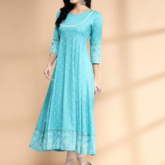 Largish Rayon Pigment print Sky blue Anarkali full maxi Dress
