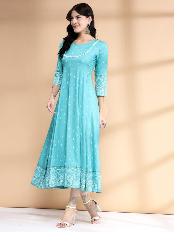 Largish Rayon Pigment print Sky blue Anarkali full maxi Dress