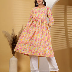 Largish Cotton Yellow Floral Print Kurta