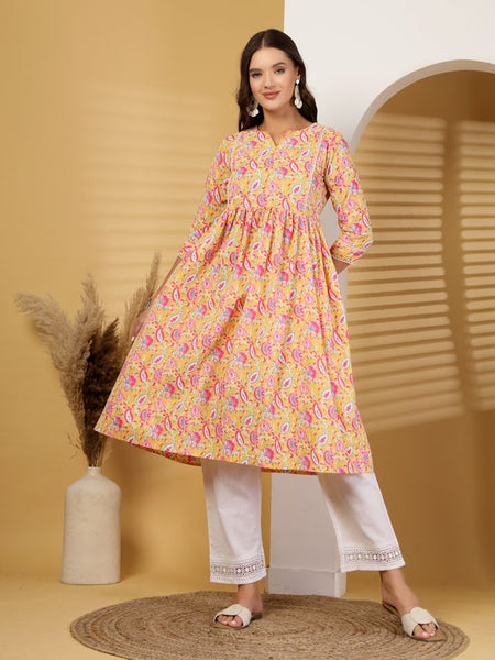 Largish Cotton Yellow Floral Print Kurta
