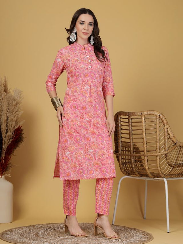 Largish Women's Peach Floral Print Cotton Kurta Pant Set