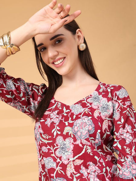 Largish Stylish Maroon Rayon floral print kurti