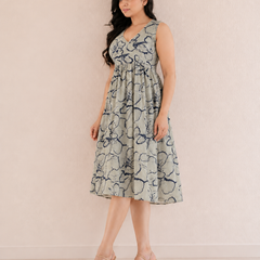 Women Blue Floral Print V-Neck Fit & Flare calf-Length Dress