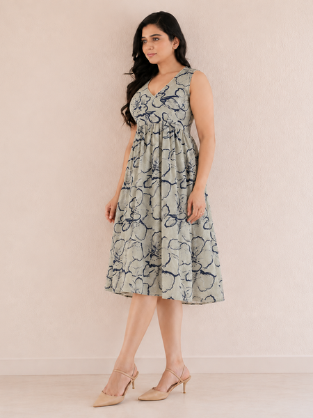 Women Blue Floral Print V-Neck Fit & Flare calf-Length Dress