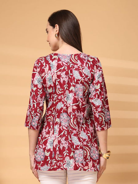Largish Stylish Maroon Rayon floral print kurti