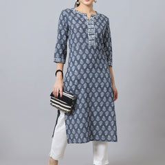 Largish Cotton Grey Floral Print Straight Kurta