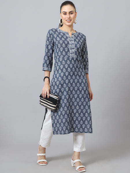 Largish Cotton Grey Floral Print Straight Kurta