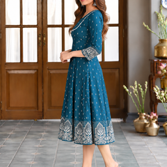 Largish Rayon Pigment Print Sky Blue Anarkali Full Maxi Dress
