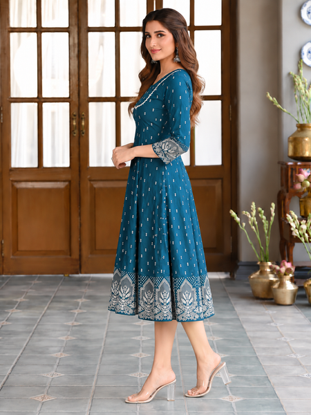 Largish Rayon Pigment Print Teal Blue Anarkali Full Maxi Dress