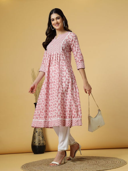 Largish Women's Peach Cotton Printed Box pleated A-line Kurta