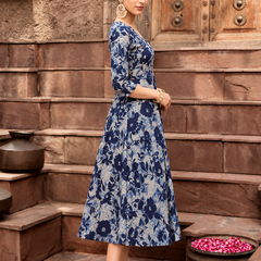 Largish Women's Blue Printed Cotton Umbrella Cut Flared Dress