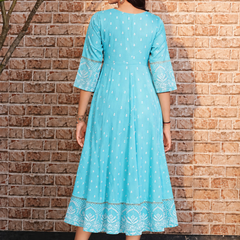 Largish Rayon Pigment Print Sky Blue Anarkali Full Maxi Dress