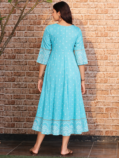Largish Rayon Pigment Print Sky Blue Anarkali Full Maxi Dress