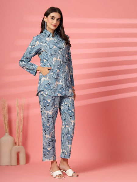 Largish Women's Blue Leaf Print Cotton Flex Co-Ord Set