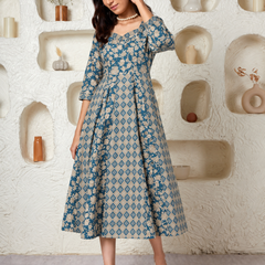 Largish Elegant Turquoise Floral Anarkali Midi Dress