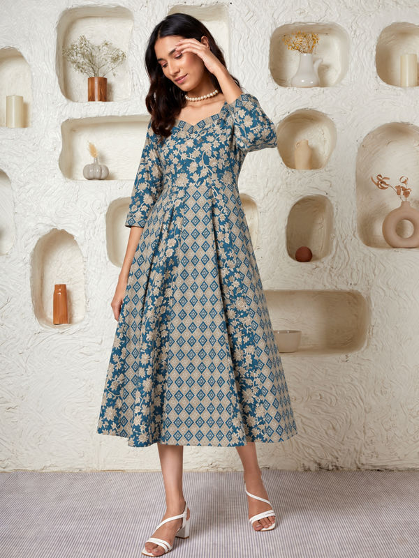 Largish Elegant Turquoise Floral Anarkali Midi Dress