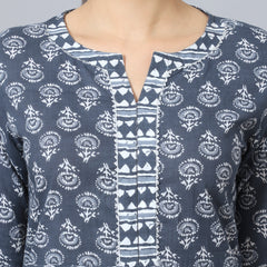 Largish Cotton Grey Floral Print Straight Kurta