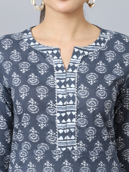 Largish Cotton Grey Floral Print Straight Kurta