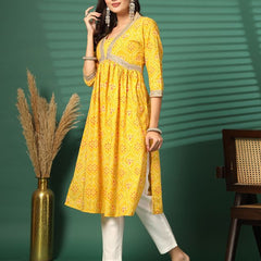 Largish Women's Yellow Floral Print Cotton Naira Cut Kurta