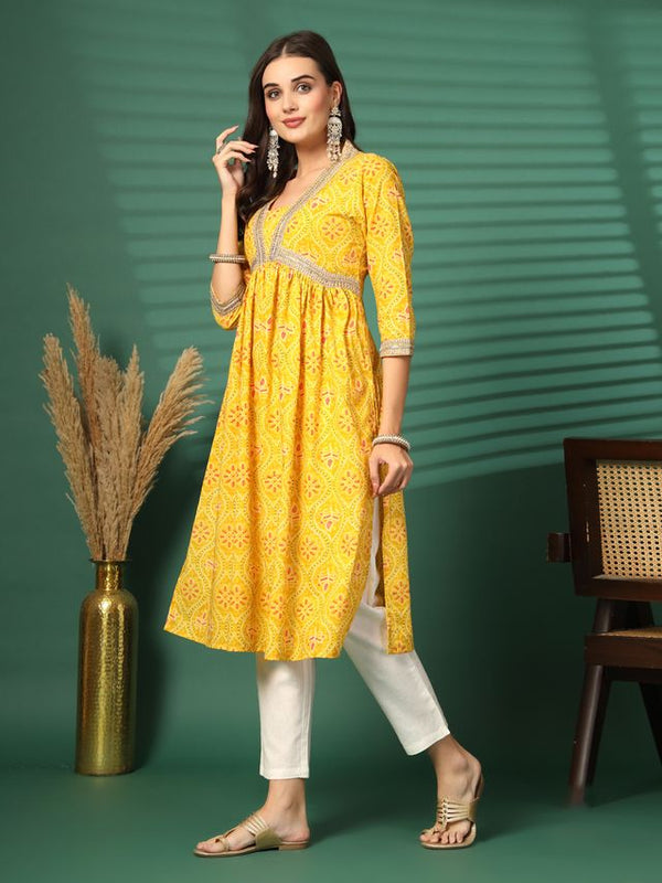 Largish Women's Yellow Floral Print Cotton Naira Cut Kurta