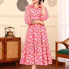 Largish Off White Cotton Floral Print Tiered and Flared A-line Dress