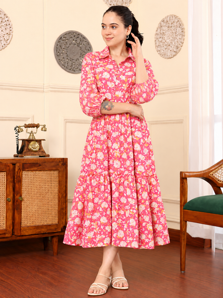Largish Cotton Floral Print Tiered and Flared A-line Dress