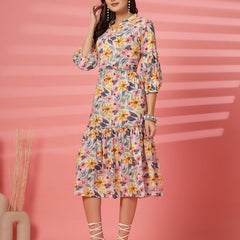 Largish Off White Cotton Floral Print Tiered and Flared A-line Dress