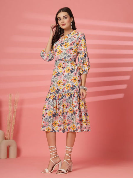 Largish Off White Cotton Floral Print Tiered and Flared A-line Dress