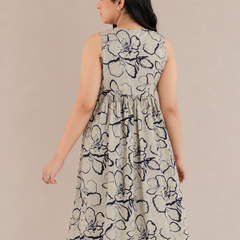 Women Blue Floral Print V-Neck Fit & Flare calf-Length Dress