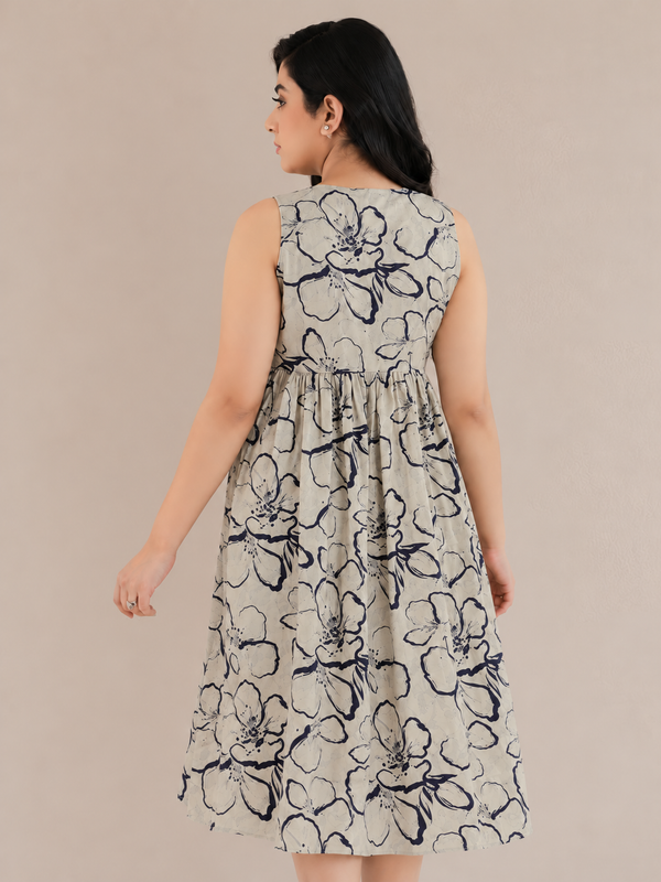 Women Blue Floral Print V-Neck Fit & Flare calf-Length Dress