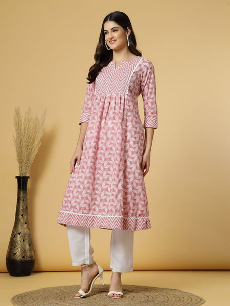 Largish Women's Peach Cotton Printed Box pleated A-line Kurta